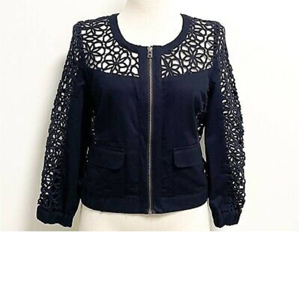 ELEVENSES by Anthro Women Jacket Size 4 Blue Crochet Floral Zip Short WhimsyGoth
